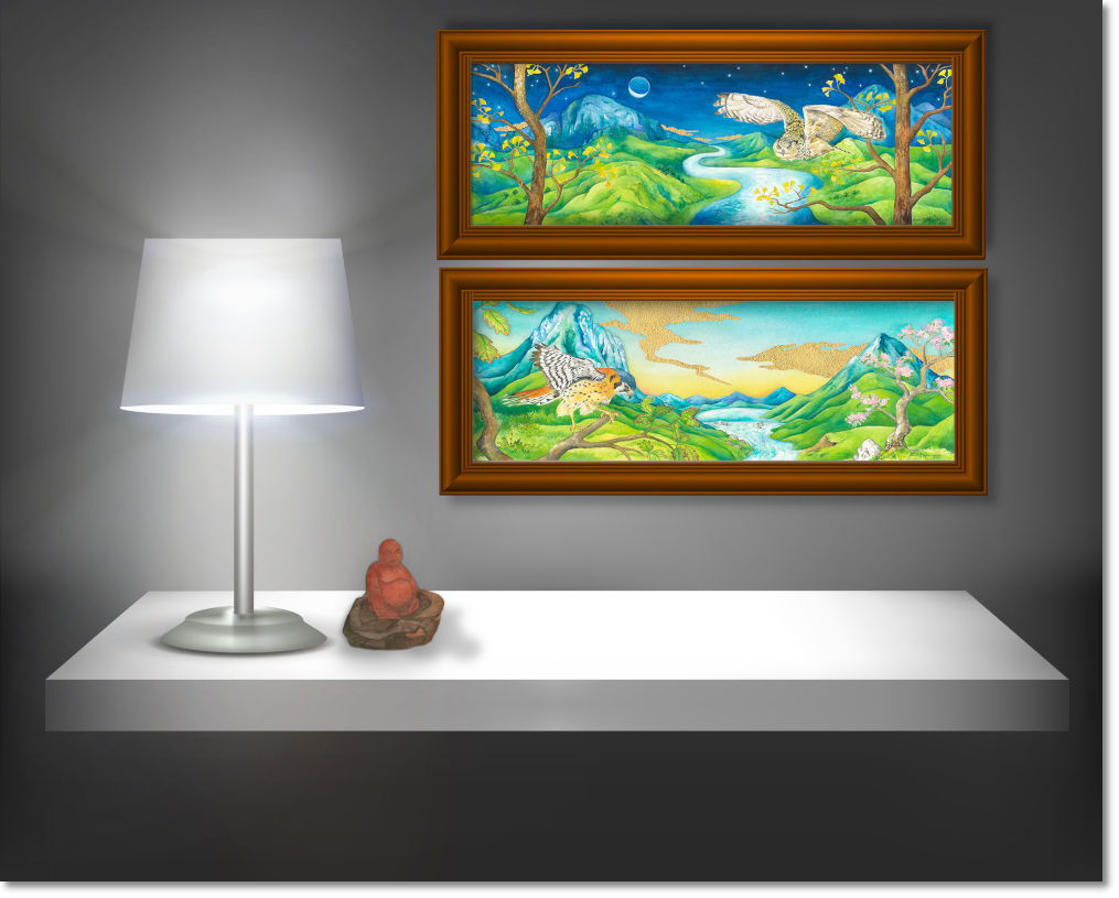 Pureland paintings hanging on a lamp-lit wall.